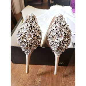 Badgley Mischka Kiara Jeweled Satin Peeptoe Pumps